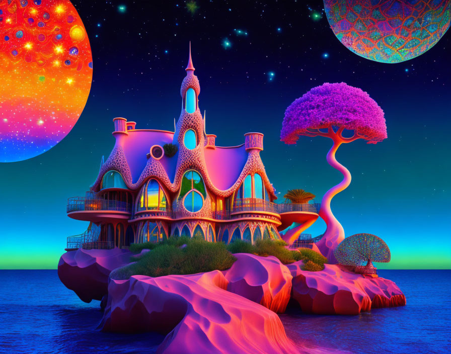 Surreal landscape with whimsical castle, pink tree, and colorful planets