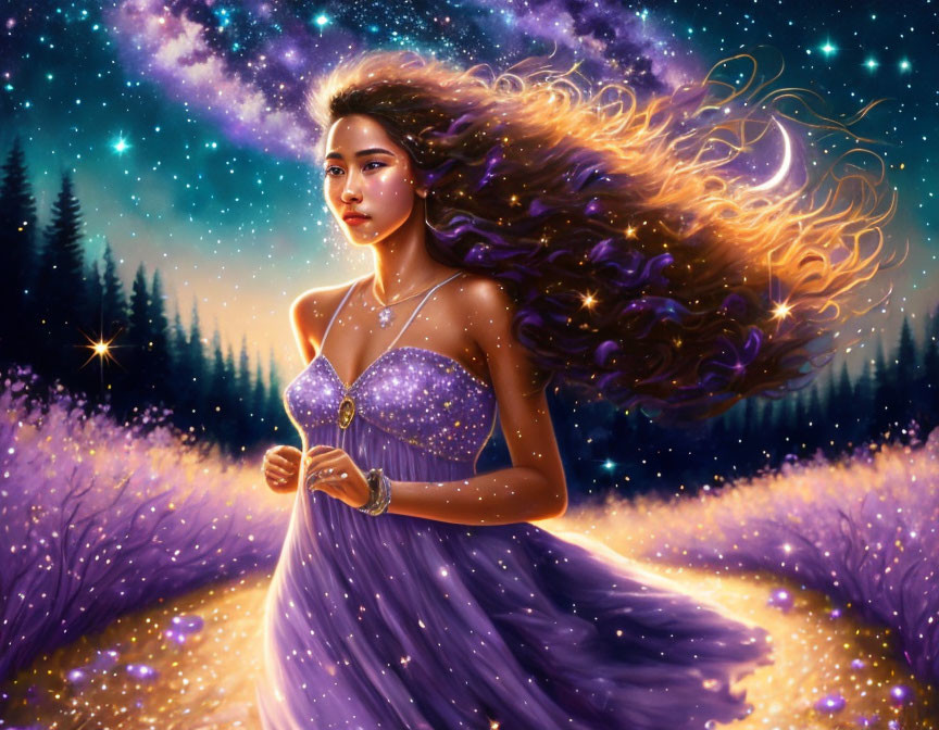 Woman with Long Flowing Hair in Lavender Field Under Starry Night Sky