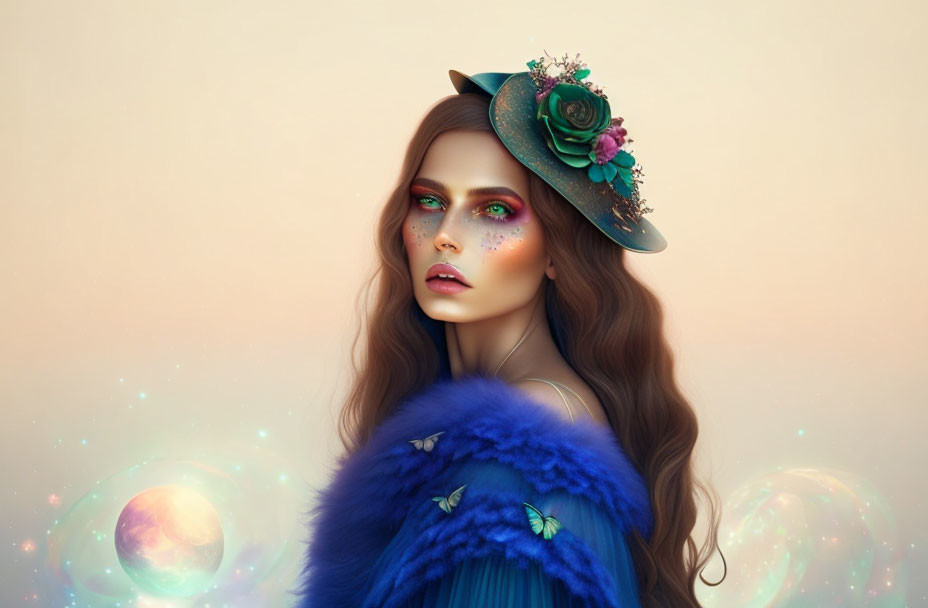 Long-haired woman in floral hat and blue fur with celestial backdrop