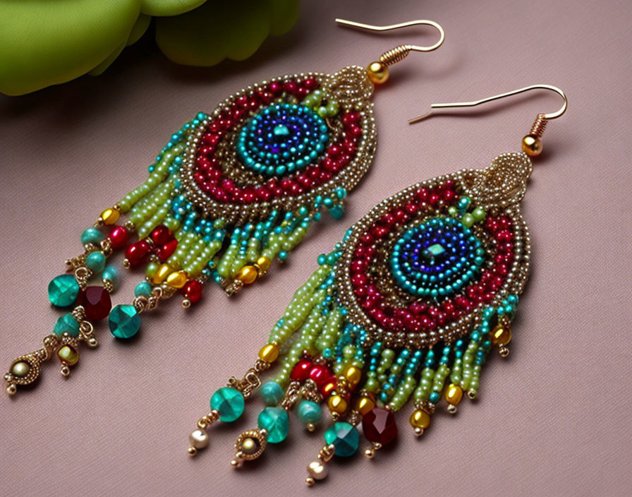 Vibrant Spiral Pattern Beadwork Earrings in Blue, Red, Green, and Gold