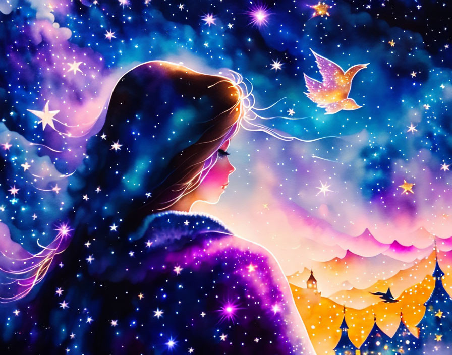 Illustration of woman under starry sky with luminous bird