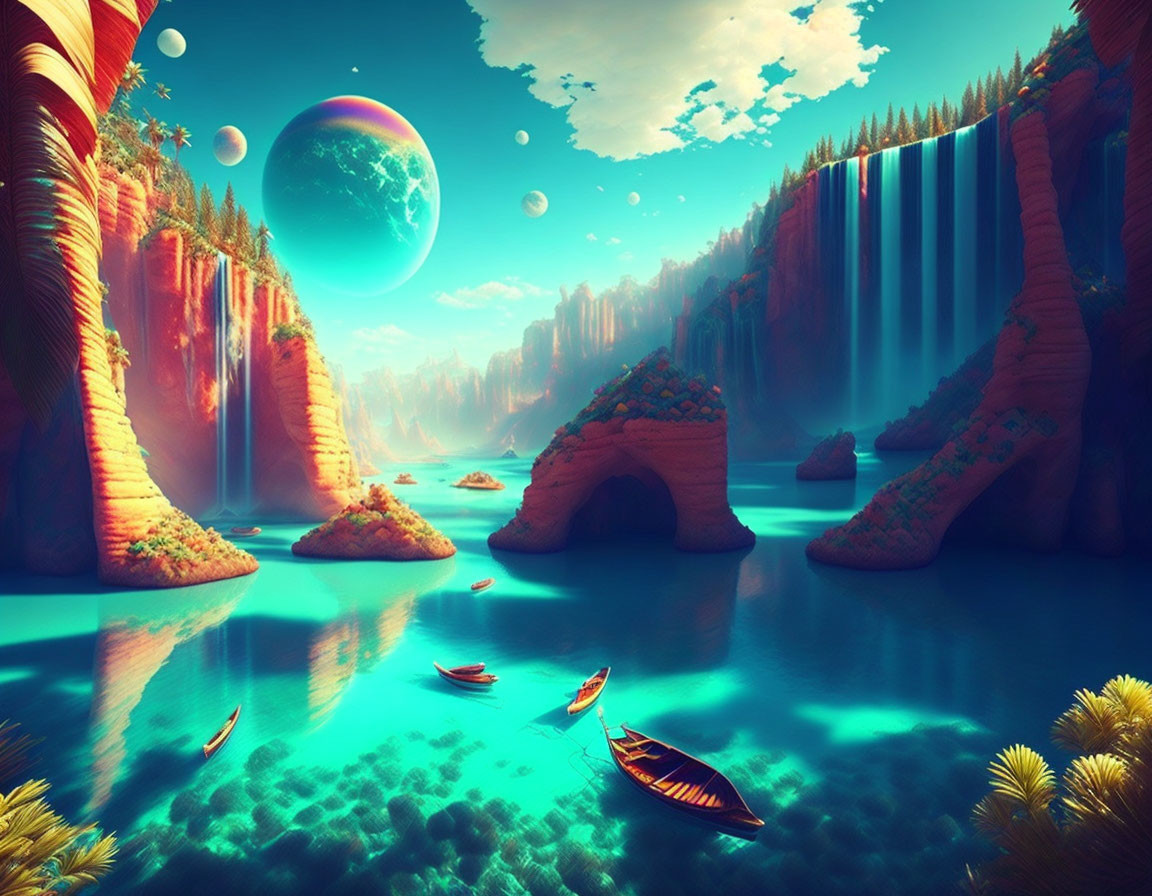 Colorful surreal landscape with orange cliffs, waterfalls, boats, exotic foliage, and alien planets.