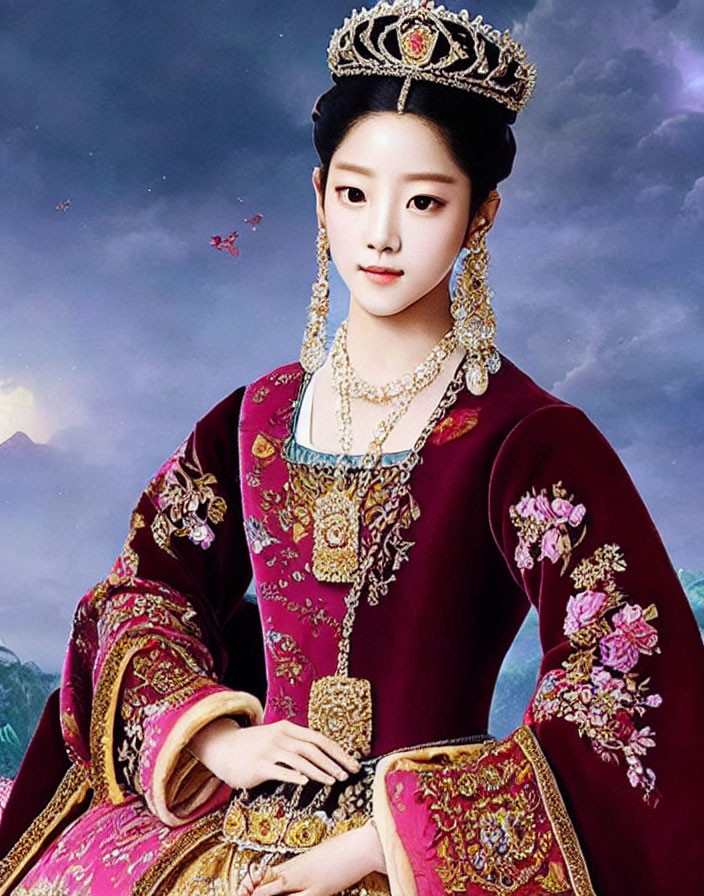 Traditional Korean woman in royal attire with embroidered hanbok and gold jewelry at night