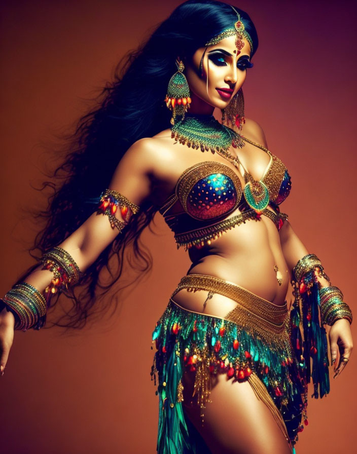 Woman in Colorful Belly Dancing Attire on Amber Background