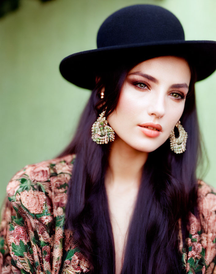 Dark-haired woman in wide-brimmed hat and floral outfit with large earrings on green backdrop