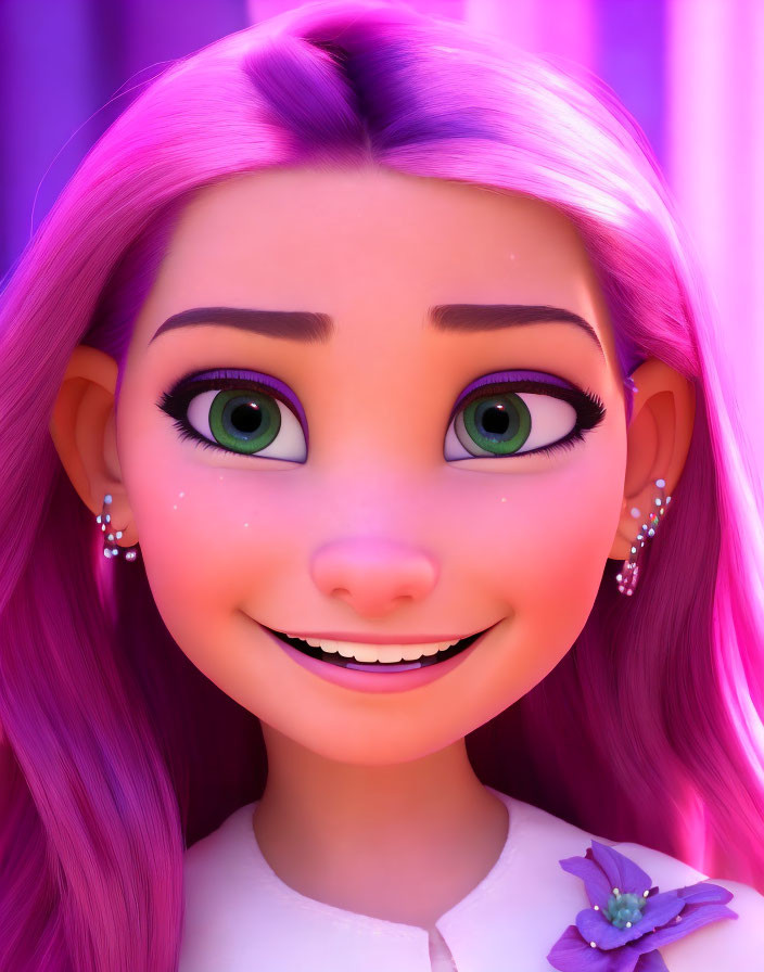 Bright Purple-Haired Animated Character with Green Eyes and Flower