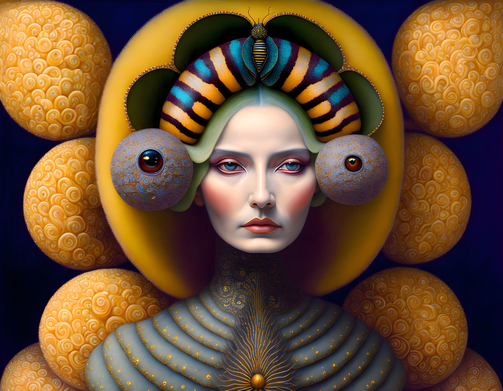 Surreal portrait featuring person with pale skin and large blue eyes