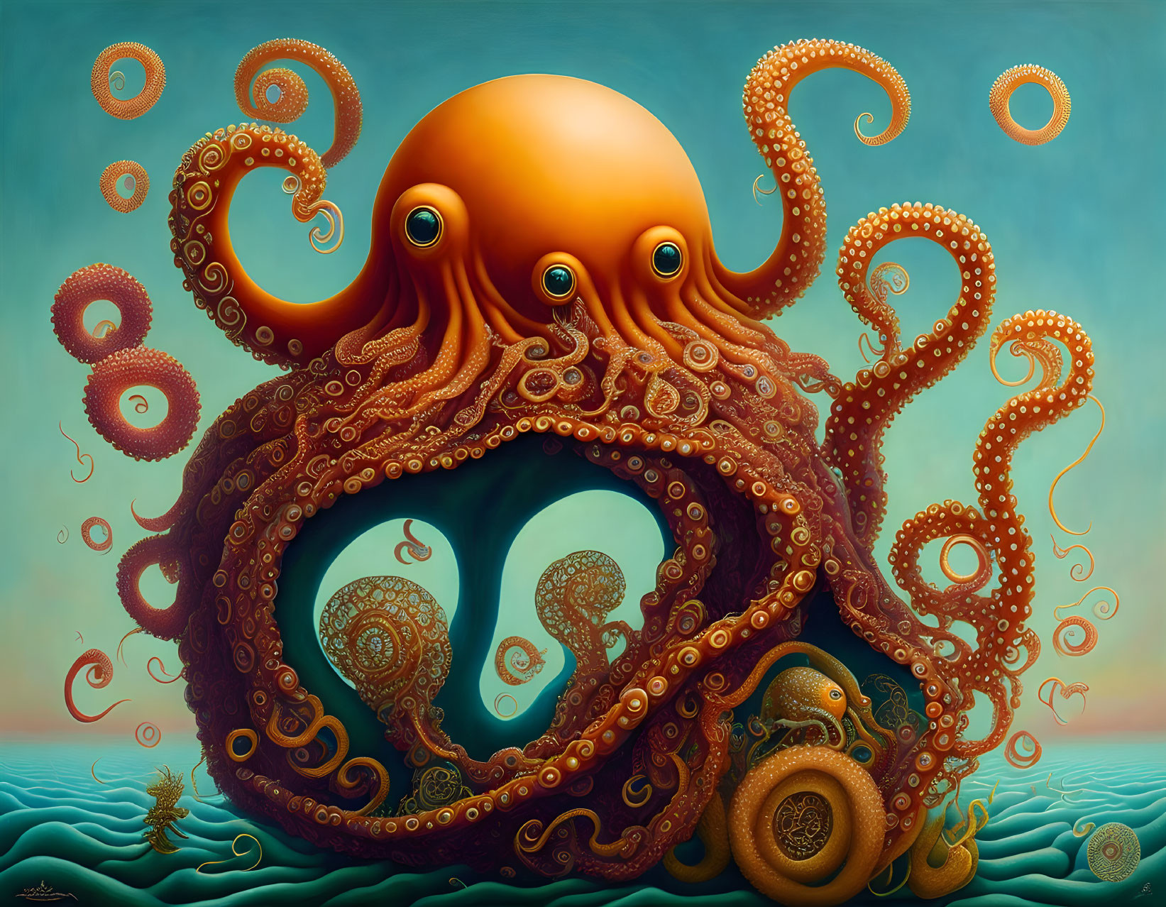 Surreal painting: Large orange octopus with intricate patterns on teal backdrop