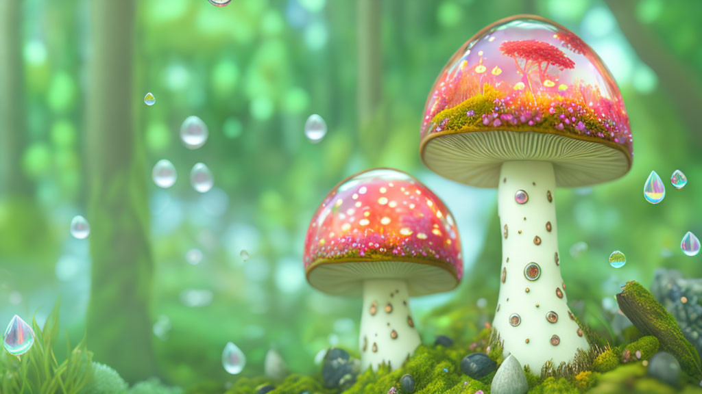 Vibrant red mushrooms with white spots in whimsical forest scenery