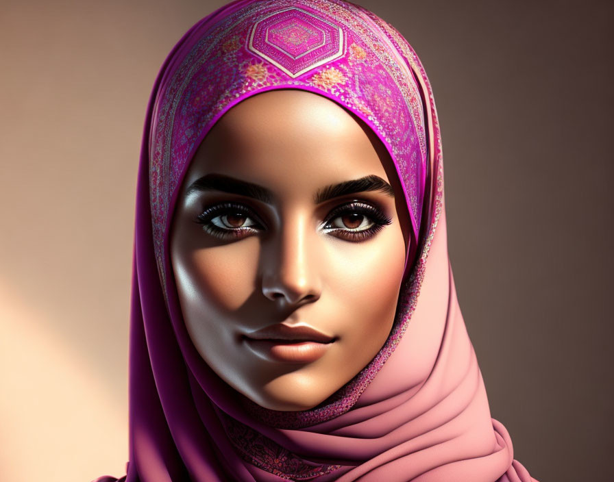 Detailed digital portrait of woman in pink hijab with intricate patterns, warm lighting, and striking eyes