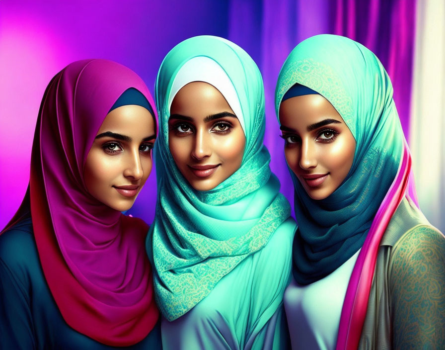 Three women in colorful hijabs against pink and blue gradient.