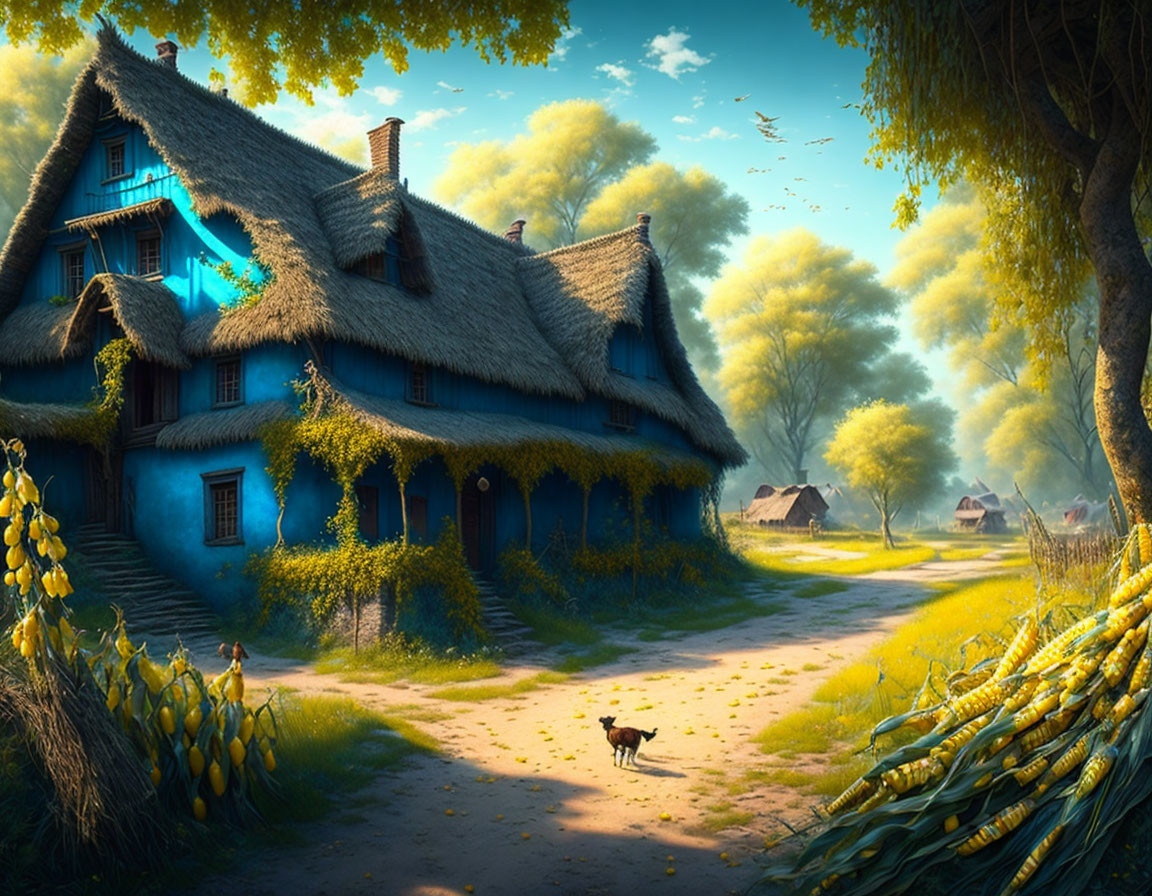 Cozy cottage covered in greenery with blue glow, dog on path, trees, and golden fields