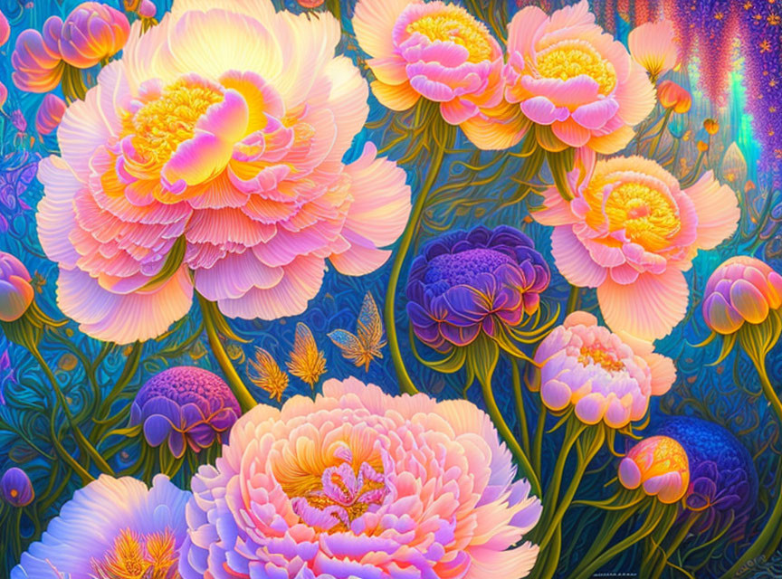 Colorful Peony Flower Painting with Blue Foliage on Starry Sky Background