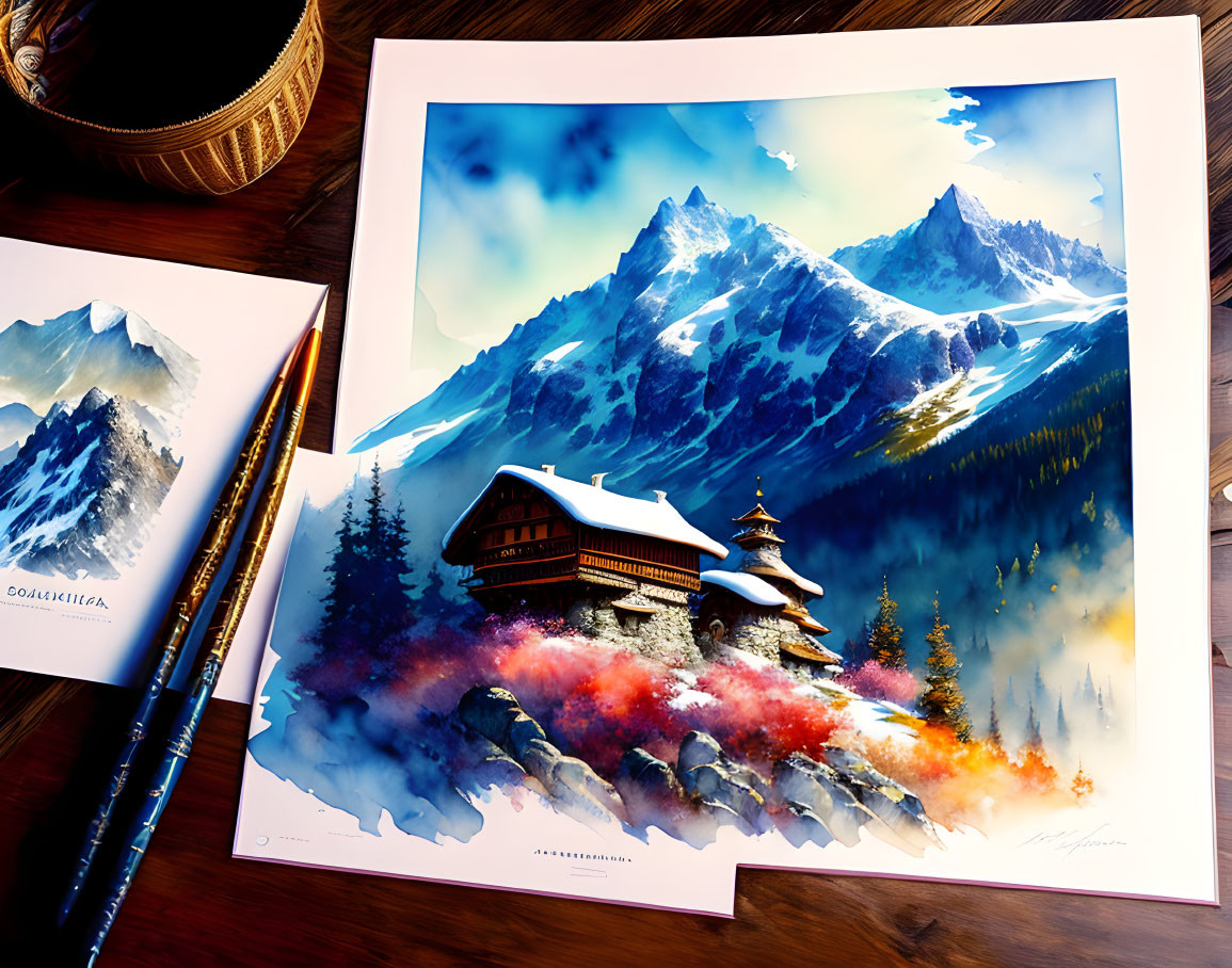 Illustration of snow-capped mountain, chalet, and autumn foliage on desk.