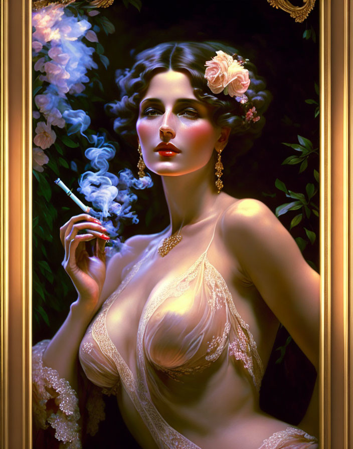 Elegant woman smoking with flowers in hair in translucent dress