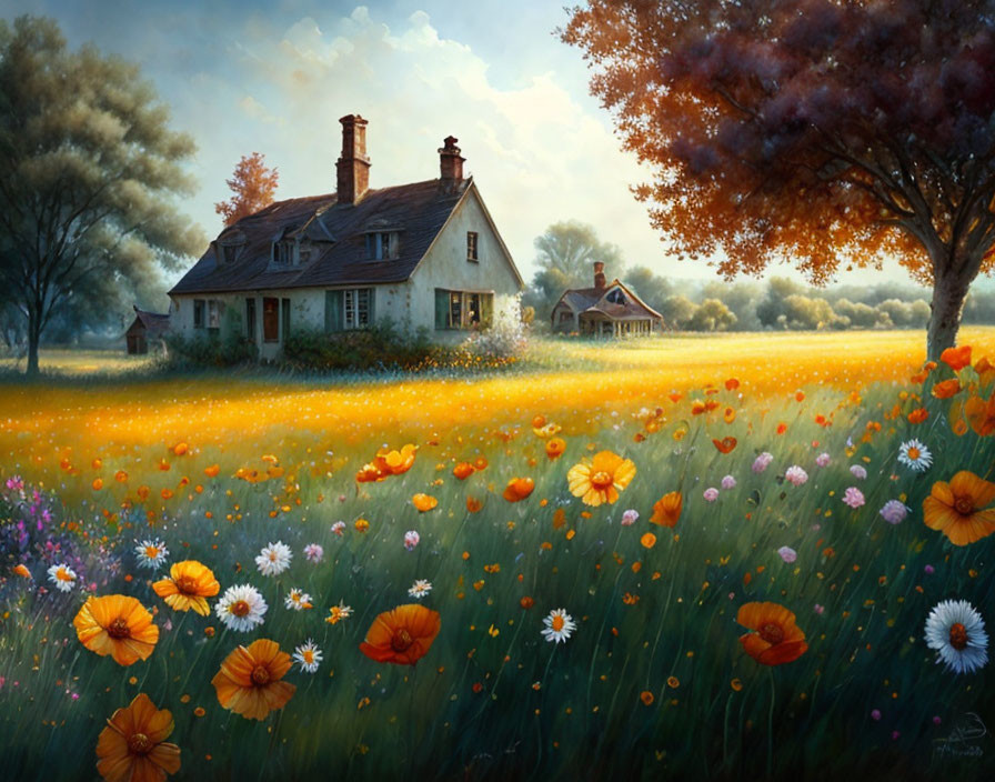 Vibrant field of flowers with quaint cottage in countryside