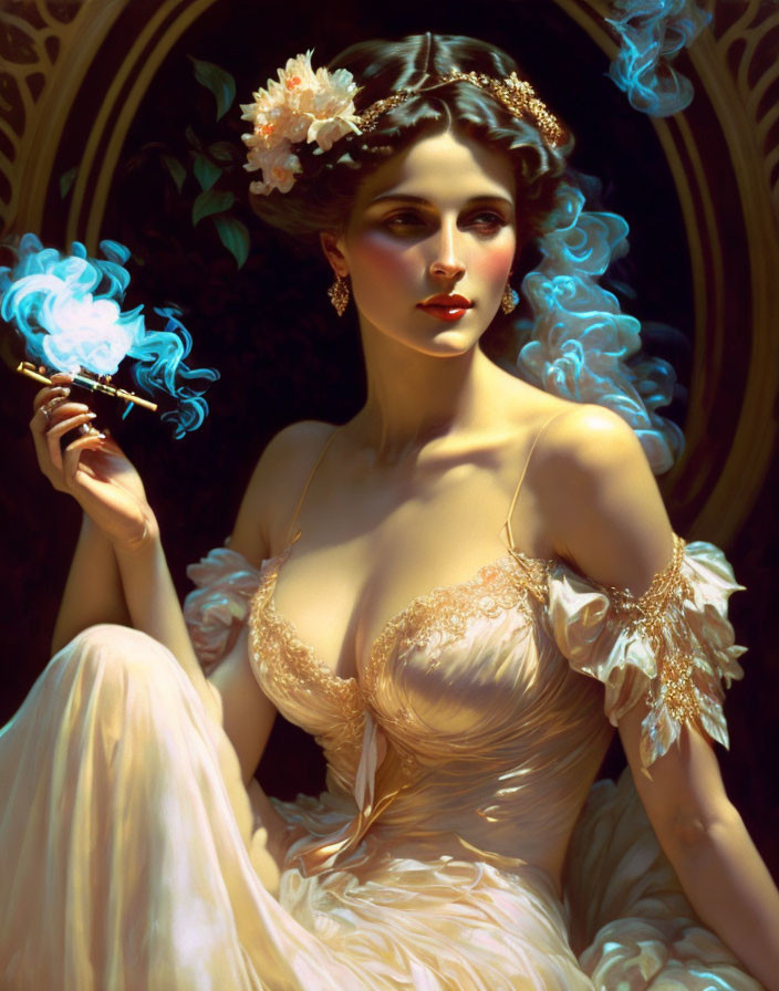 Illustrated woman with dark hair holding a smoking object in front of intricate golden backdrop and blue smoke.