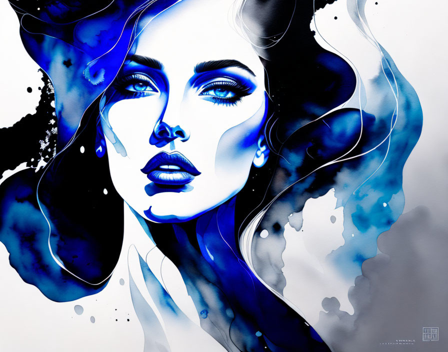 Blue-skinned woman with intense eyes in abstract background