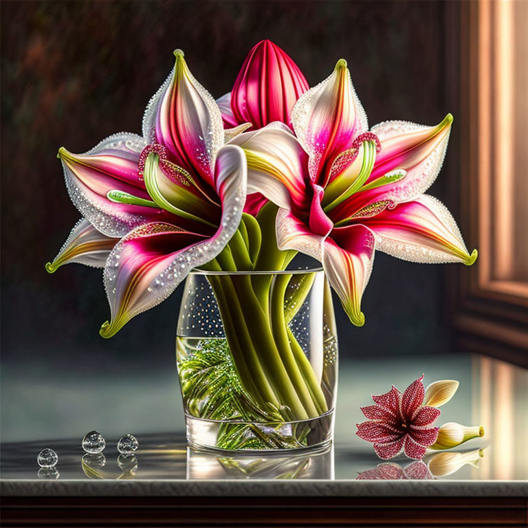 Colorful lilies in glass vase with marbles and fallen petal on reflective surface
