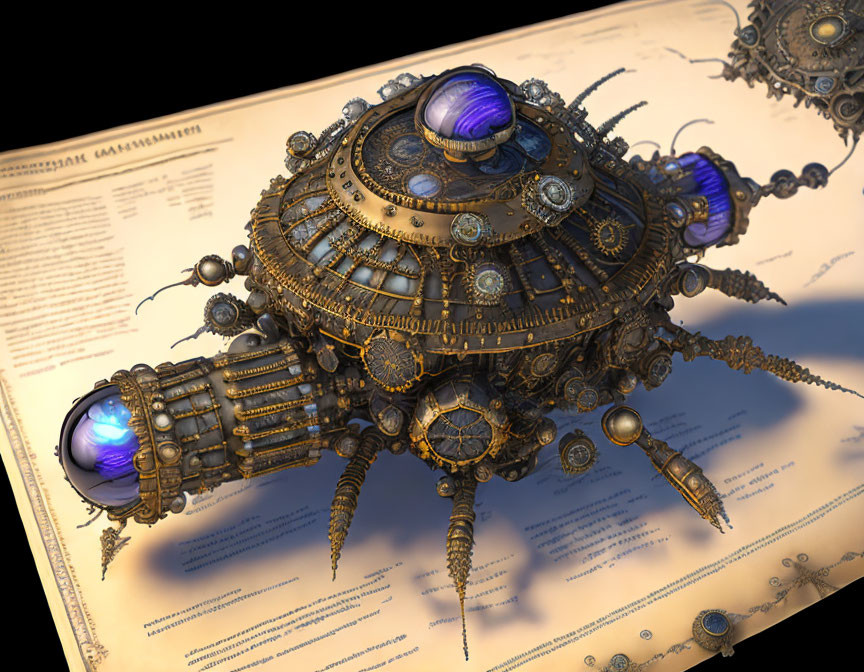 Steampunk-style mechanical sphere with gears, pipes, and glowing orbs on aged schematics.