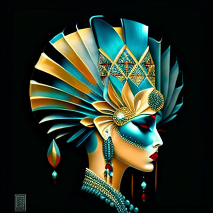 Stylized female profile with elaborate geometric headdress in gold, teal, and red.