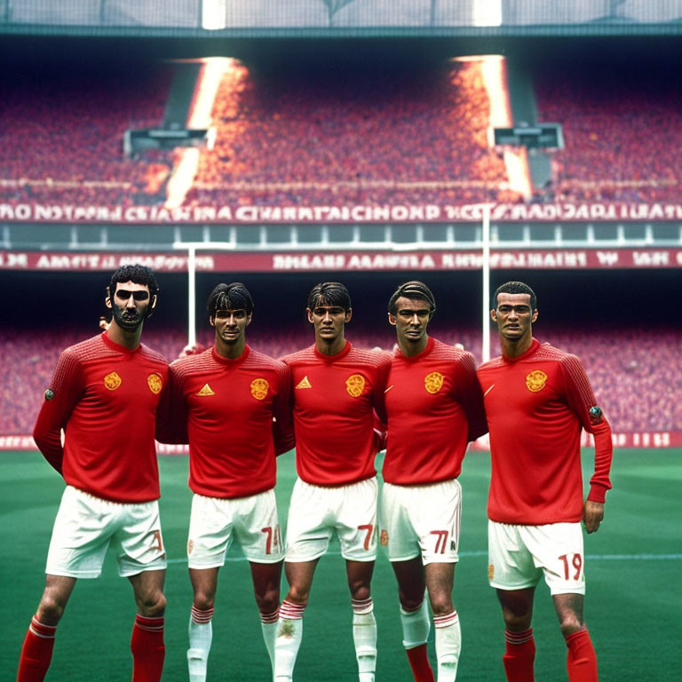 Five soccer players in red jerseys on pitch with stadium backdrop