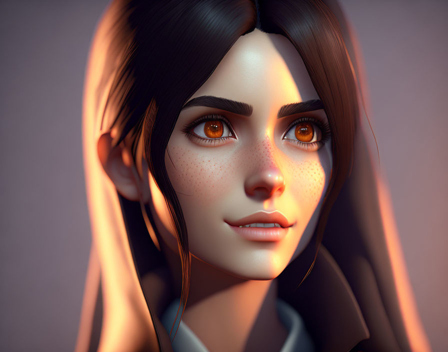 Digital portrait: Female character with brown hair, amber eyes, and freckles in soft light