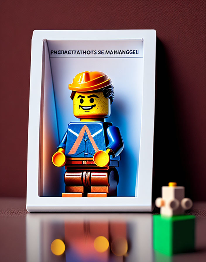 Lego construction worker figurine in front of Greek text and blurred Lego bricks