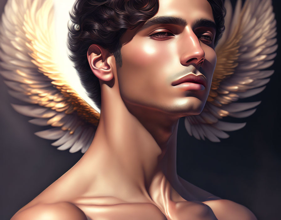 Digital portrait of man with angelic wings and strong jawline in serene expression on dark backdrop