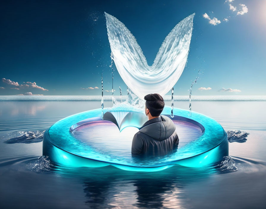 Meditation scene in surreal water tail sculpture