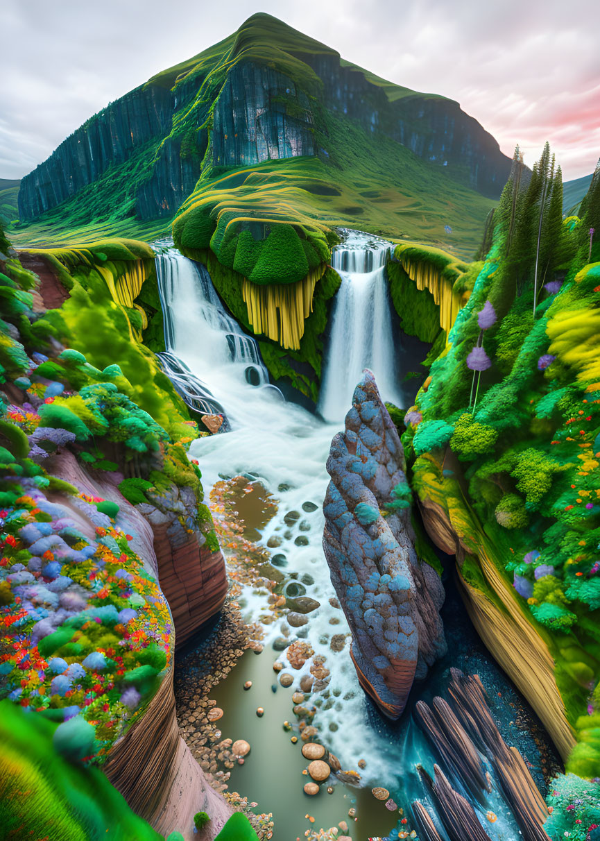 Majestic waterfall in surreal landscape with lush vegetation