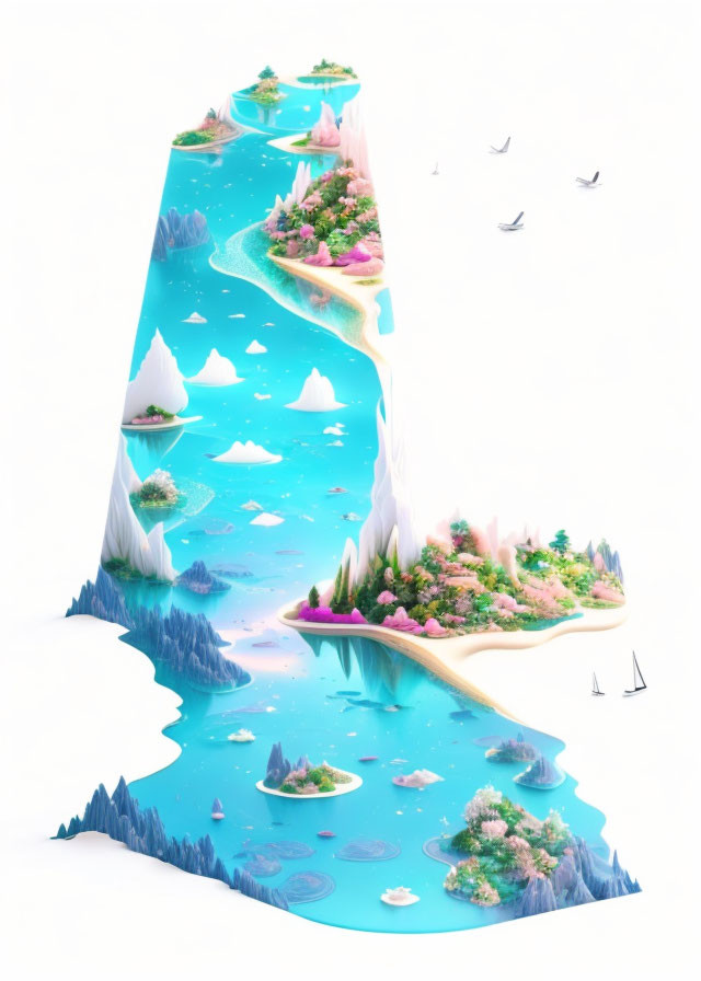 Surreal river with landscapes, flowers, and sailboats on white background