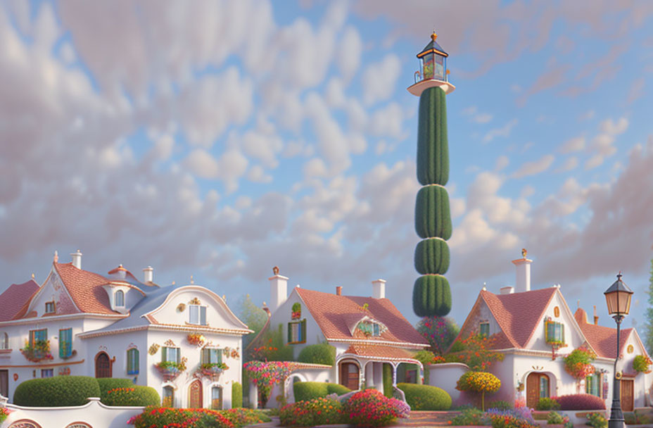 Colorful village illustration with tall cactus lighthouse