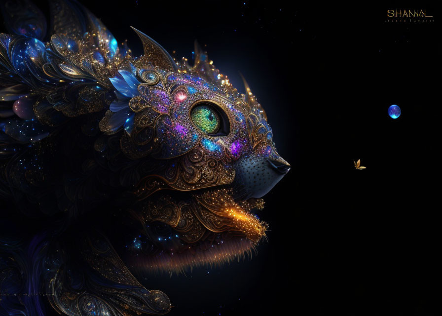 Mythical feline digital artwork with golden patterns and jewels on dark, starry backdrop
