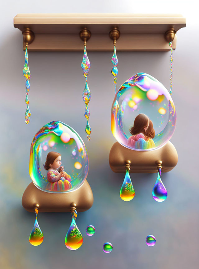 Figures in iridescent bubbles on ornate bar with falling droplets