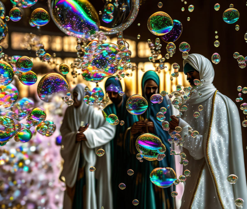 Traditional Attire Figures Amid Colorful Soap Bubbles