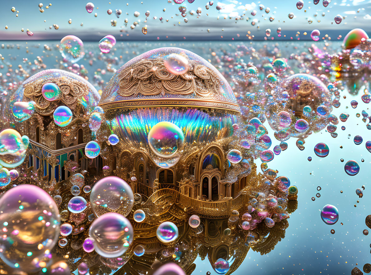Fantastical scene with golden domes and iridescent bubbles above reflective water