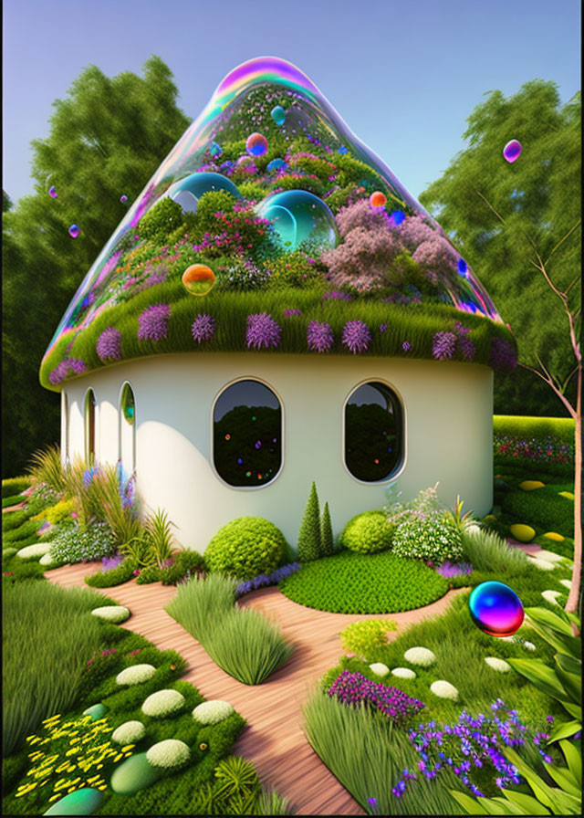 Colorful Fairy-Tale House with Garden and Floating Bubbles