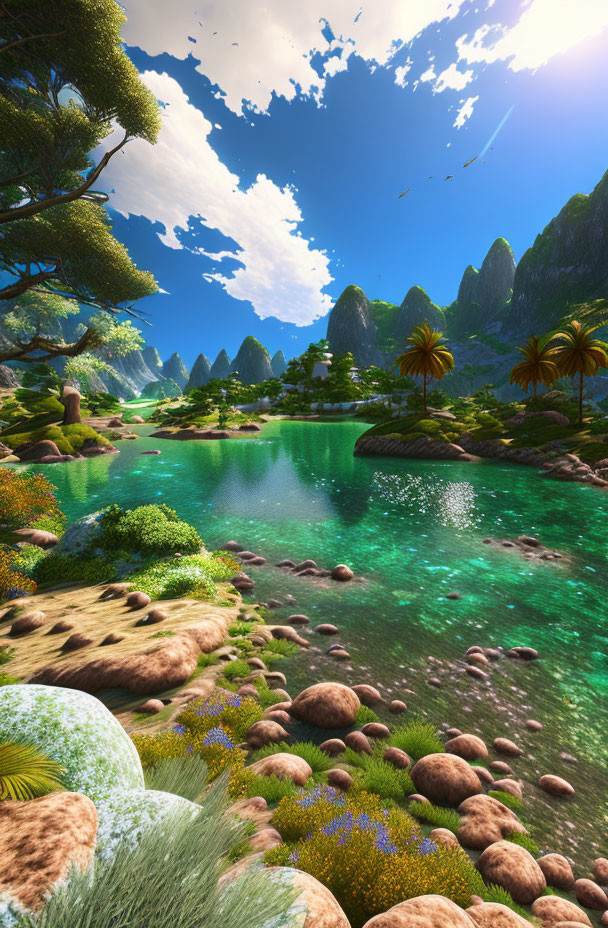 Tranquil fantasy landscape with lush greenery, mountains, sky, lake, flora, and fauna