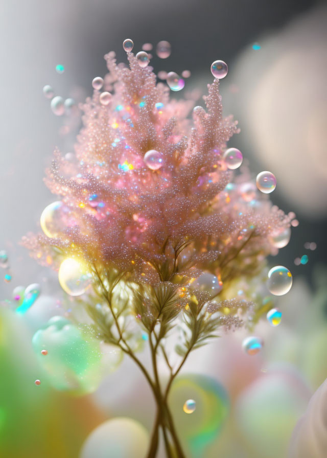 Colorful plant illustration with pink foliage and iridescent bubbles on soft background