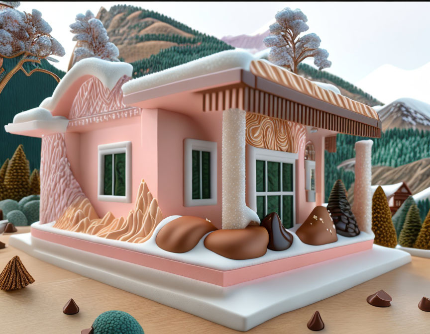 Whimsical 3D rendering of gingerbread house in snowy mountain setting