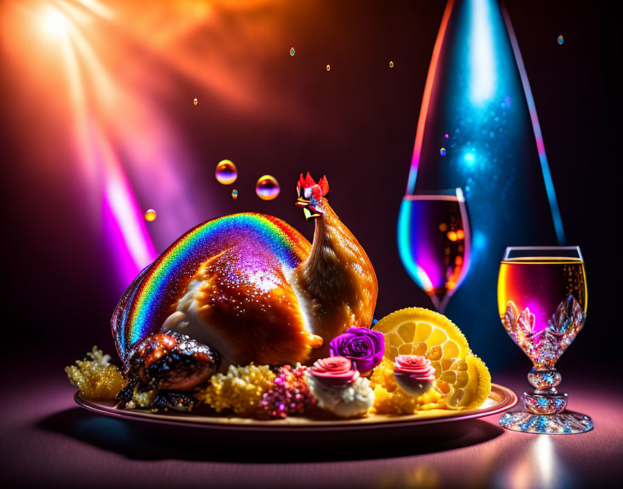 Colorful Festive Roast Chicken Plate with Wine and Garnishes