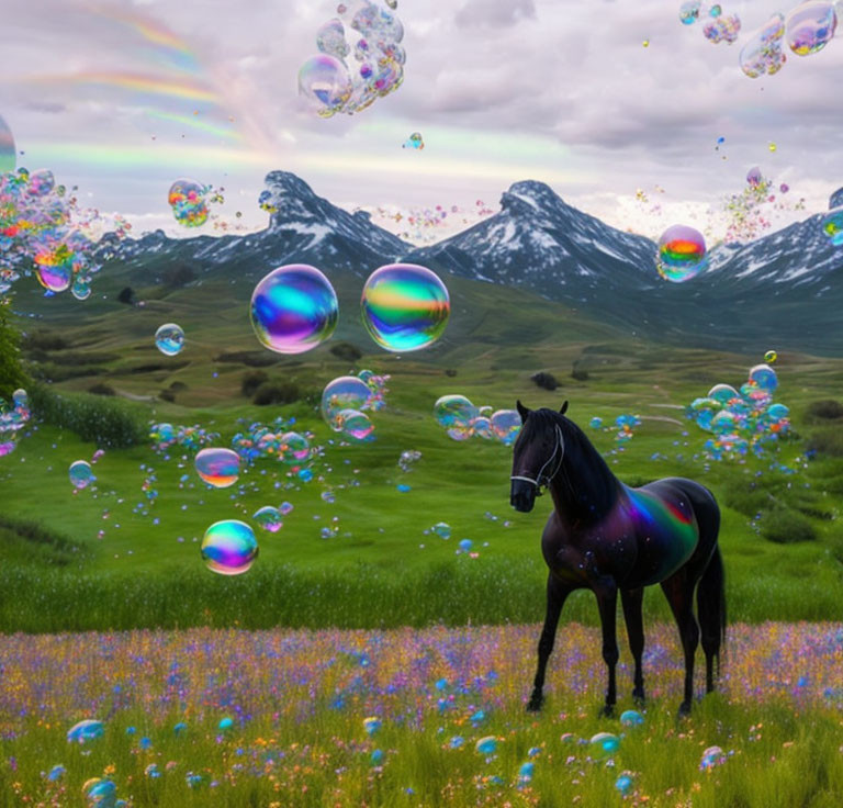 Vibrant field with black horse, colorful flowers, rainbow, and mountains