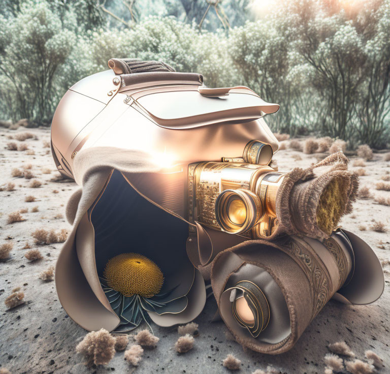 Steampunk-themed helmet with intricate detailing and goggles in dreamy outdoor setting