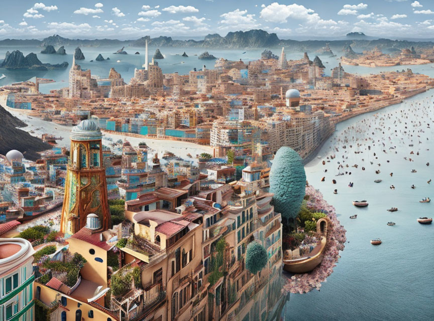 Fantastical coastal cityscape with towering rock formations and boats