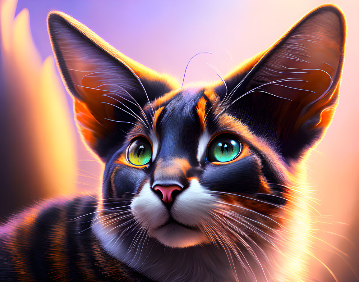 Vividly colored cat with green eyes and unique markings on purple background