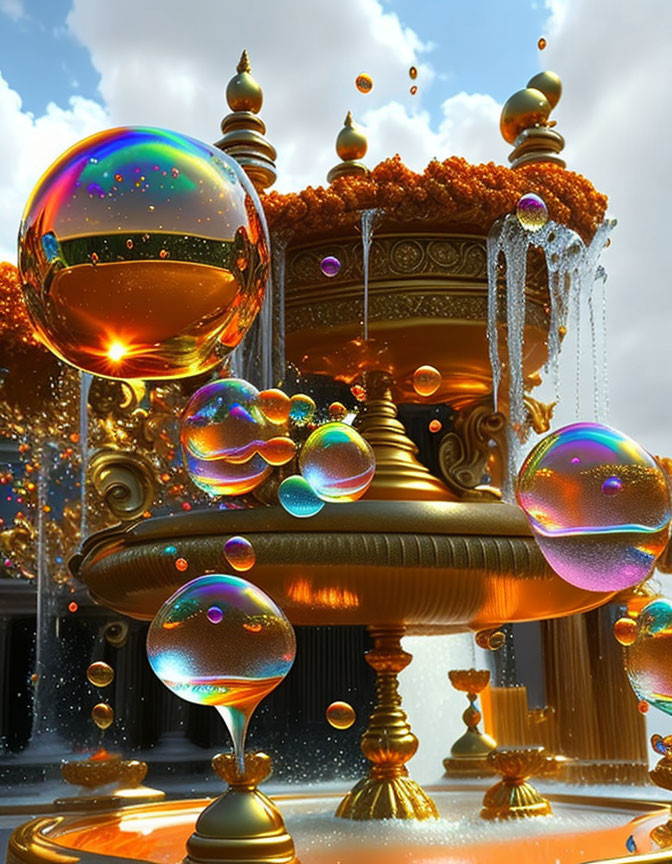 Fantasy palace with golden architecture and iridescent bubbles under blue sky
