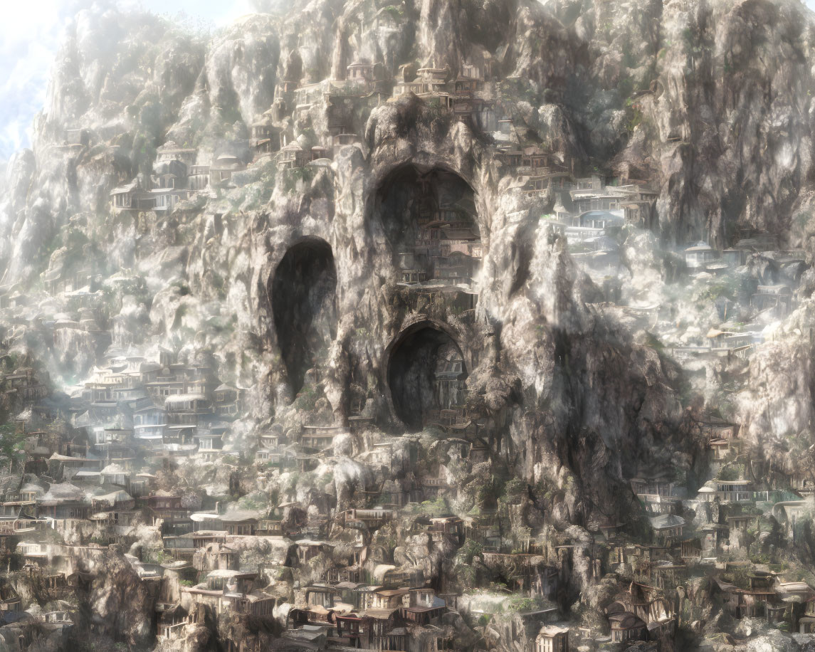 Mystical mountainside village with cavern entrances in ethereal light