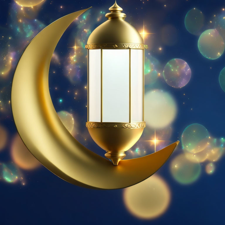 Golden lantern hanging from crescent moon in starry night sky with bokeh lights