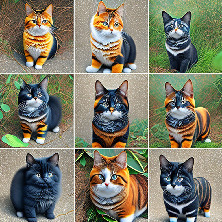Nine cartoon-like cat illustrations with bold tiger stripes in different poses on grassy background